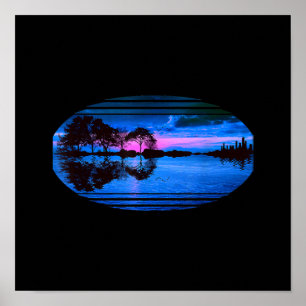 Poster Guitare Sunset Sky Trees City Lake Réflexion