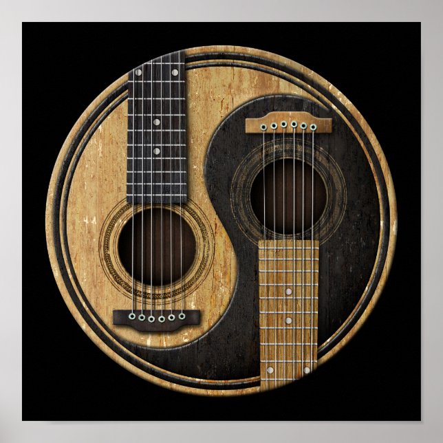 Poster Guitares acoustiques anciennes et usées Yin Yang (Devant)