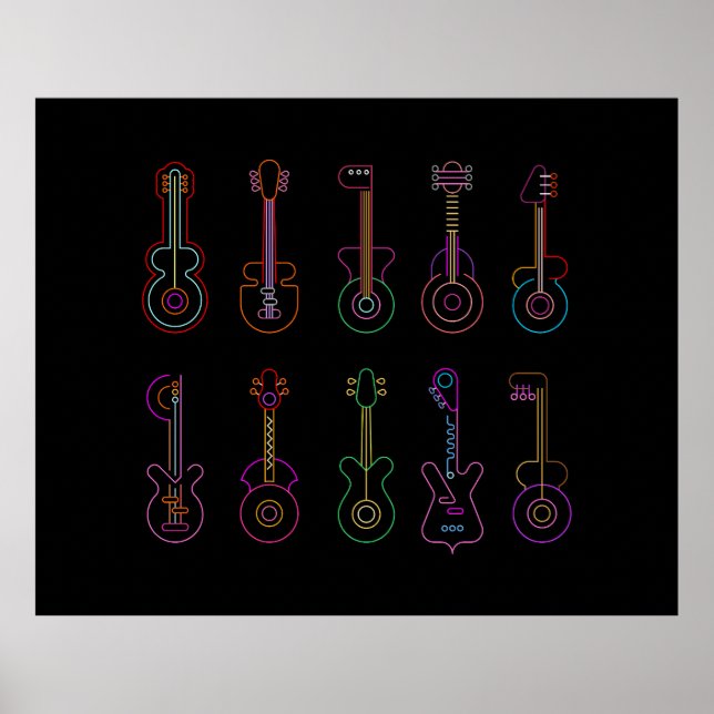 Poster Guitares Neon avec arrière - plan noir (Devant)