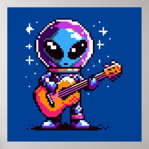 Poster Guitariste Alien 8 bits - Musique spatiale Pixel R