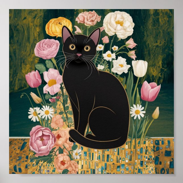 Poster Gustav Klimt Chat noir dans un jardin de fleurs, A (Devant)