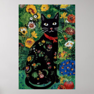 Poster Gustav Klimt Chat noir dans un jardin de fleurs, A