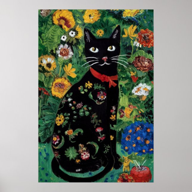 Poster Gustav Klimt Chat noir dans un jardin de fleurs, A (Devant)