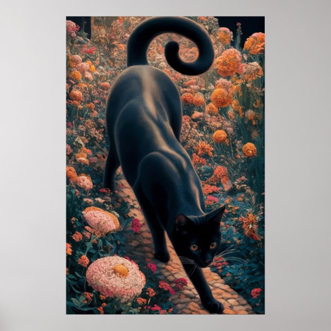 Poster Gustav Klimt Chat noir dans un jardin de fleurs, A (Devant)