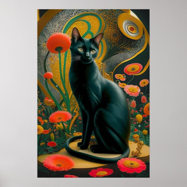 Poster Gustav Klimt Chat Noir Dans un jardin de fleurs, A (Devant)