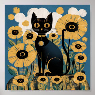 Poster Gustav Klimt Chat noir dans un jardin de fleurs, A