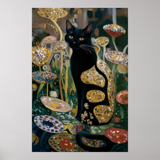 Poster Gustav Klimt Chat noir dans un jardin de fleurs, A (Devant)