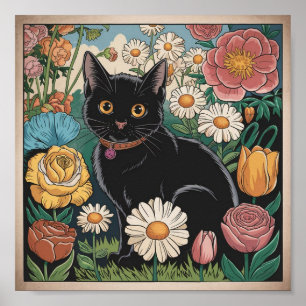 Poster Gustav Klimt Chat noir dans un jardin de fleurs, A