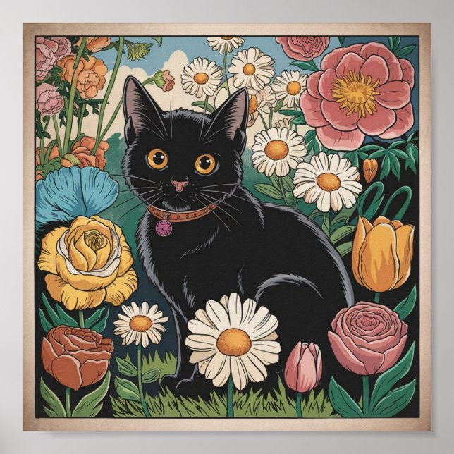 Poster Gustav Klimt Chat noir dans un jardin de fleurs, A (Devant)