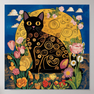 Poster Gustav Klimt Chat Noir Floral, Art Éclectique Mode