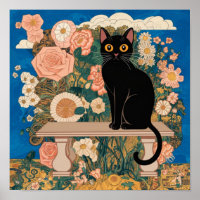 Gustav Klimt Chat Noir Floral Art Vintage Altéré
