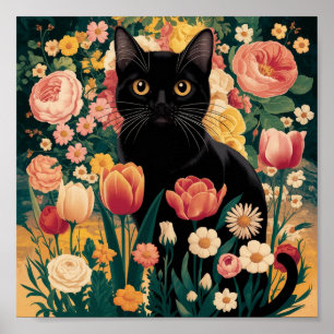Poster Gustav Klimt Chat Noir Floral, Éclectique Vintage
