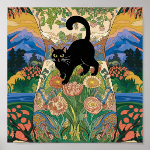 Poster Gustav Klimt Fleur Chat Noir Alteré Art Vintage