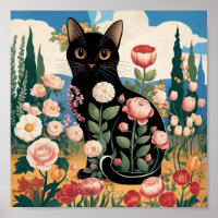 Gustav Klimt Fleur Chat Noir Art Éclectique Modern