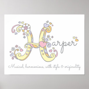 Poster H monogramme art Harper filles nom signifiant affi