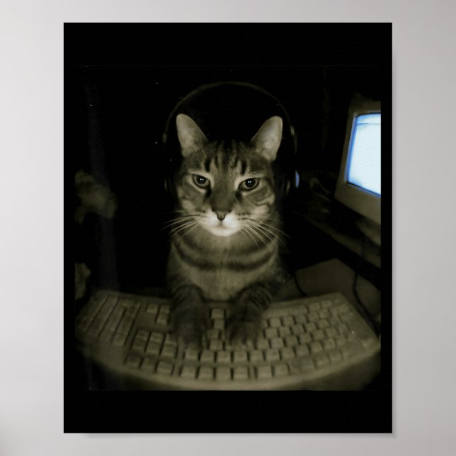 Poster Hacker Cat Meme Funny Computer Cat Kitten Gamer Ca (Devant)