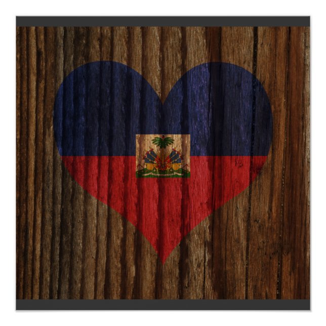 Poster Haïti Drapeau Coeur sur le thème Bois (Devant)