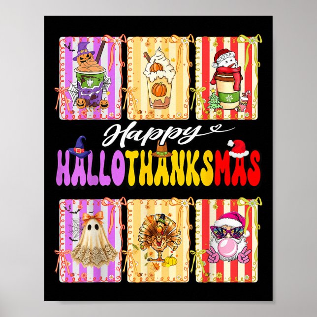 Poster Hallothanksmas Cute Turkey Santa Halloween Thanksg (Devant)