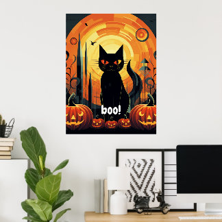 Poster Halloween Abstrait Chat noir et design Citrouille