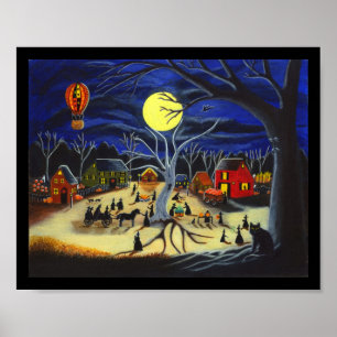 Poster Halloween, affiche, sorcières, cheval, chariot,