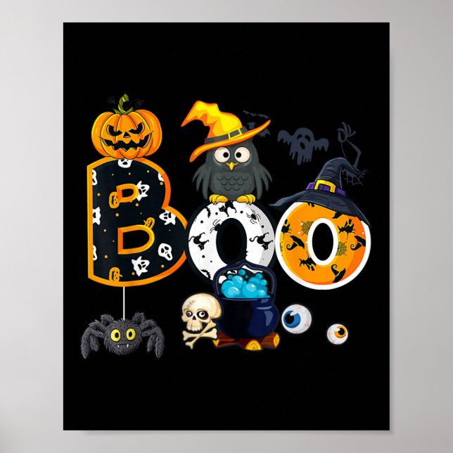Poster Halloween Boo Owl Avec Sorcière Casquette Araignée (Devant)