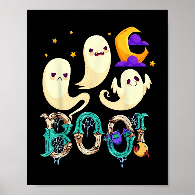 Poster Halloween Boo Owl Avec Sorcière Casquette Araignée (Devant)