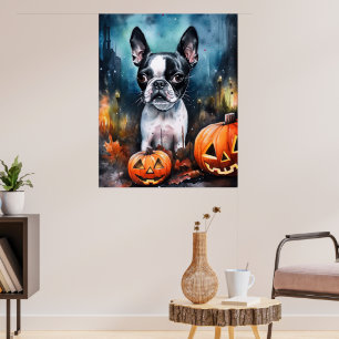 Poster Halloween Boston Terrier avec la peur Citrouille