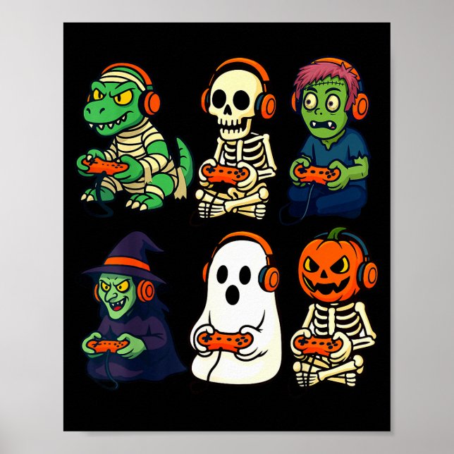 Poster Halloween Boys Kids Gamer Dinosaur Skeleton Ghost  (Devant)