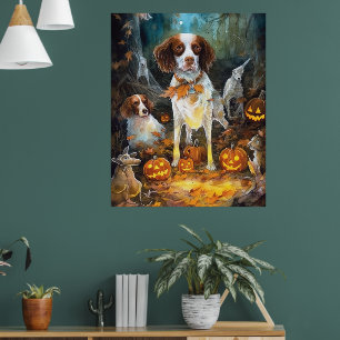 Poster Halloween Brittany Spaniel avec citrouilles effray