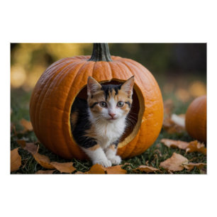 Poster Halloween Calico Kitten Assis dans un Citrouille