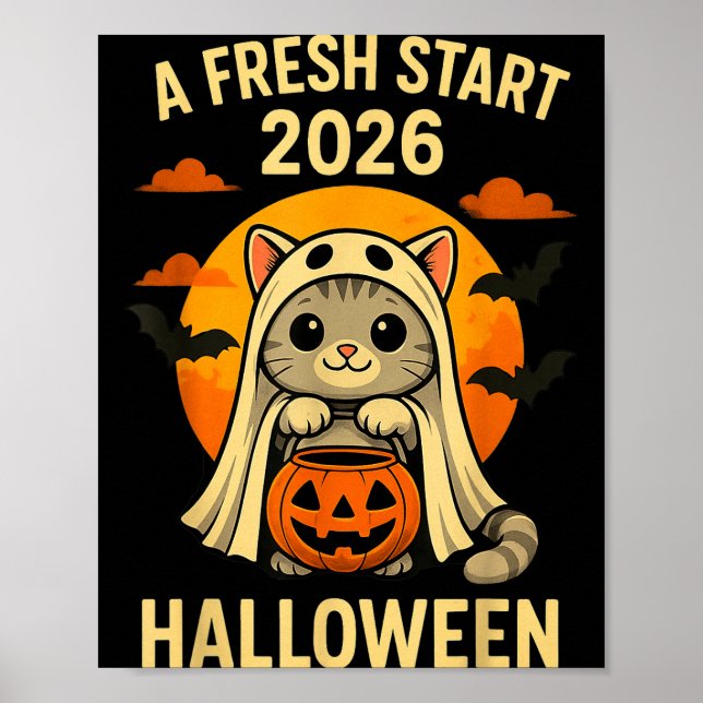 Poster Halloween Cat Ghost Graphic - Fresh Start 2026  (Devant)