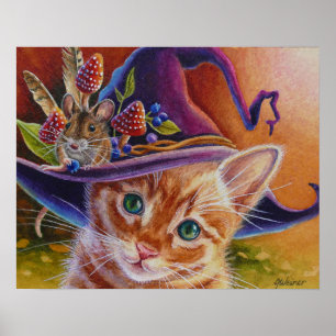 Poster Halloween Chat et souris n° 1 Aquarelle Art 16x20