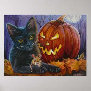 Poster Halloween Chat et Souris No. 2 Aquarelle Art 18x24