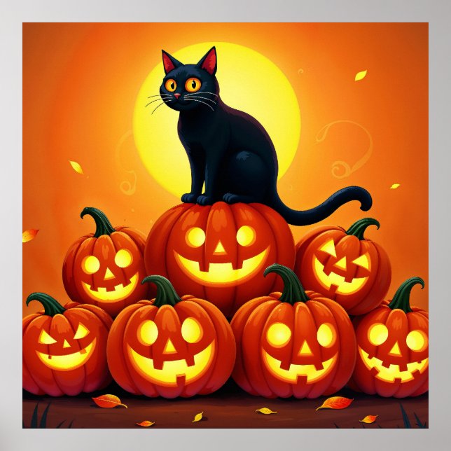 Poster Halloween chat noir mignon et lanternes Jack (Devant)