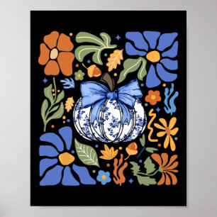 Poster Halloween Citrouille Chinoiserie Bleu &amp; Blanc 