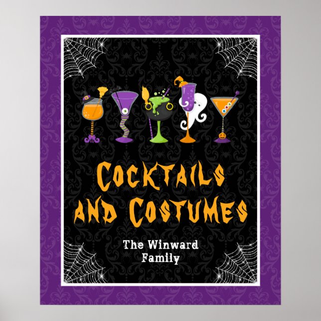 Poster Halloween Cocktails Purple Damask Party Sign (Devant)