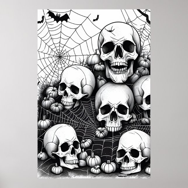 Poster Halloween Crânes Horreur, Chauves-souris Éffrayant (Devant)