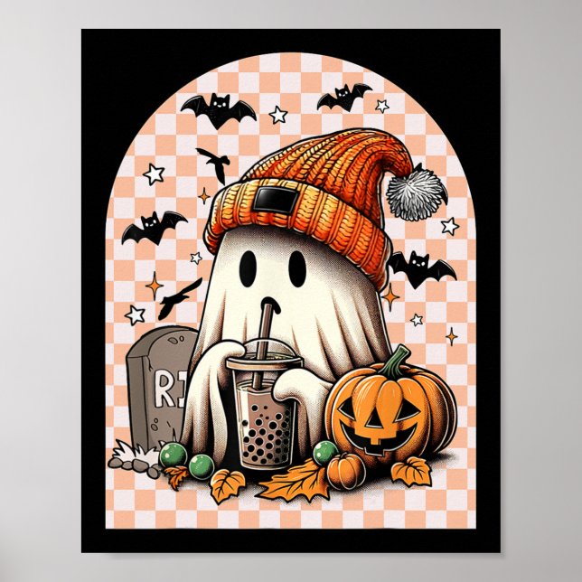 Poster Halloween Cute Ghost Boire le Citrouille de café c (Devant)