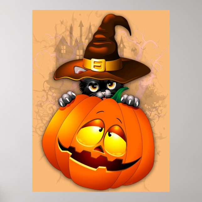 Poster Halloween Cute Kitty Witch et ami Citrouille (Devant)