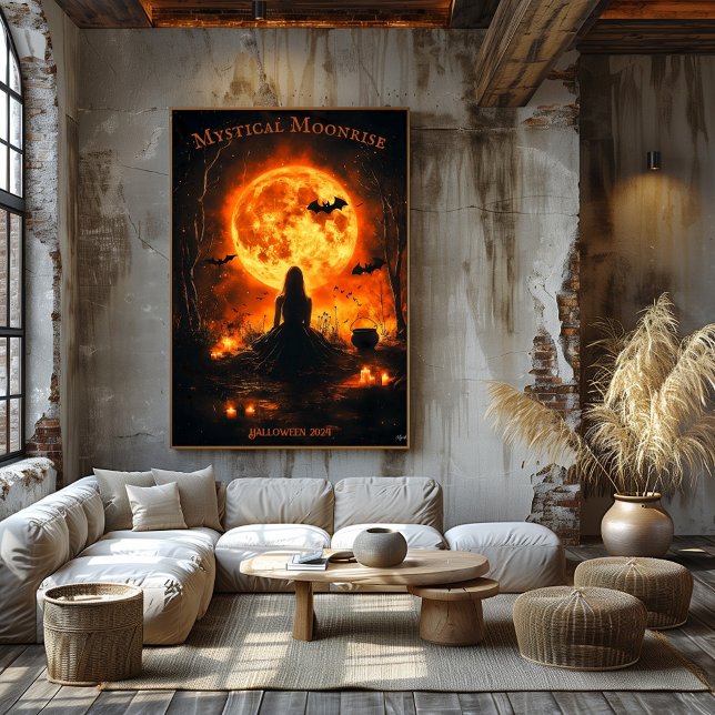 Poster Halloween de sorcière avec Pleine lune, bougies et (Créateur téléchargé)