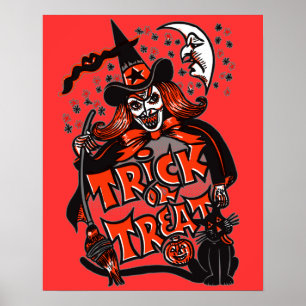 Poster Halloween de sorcière de la tique ou du traitement
