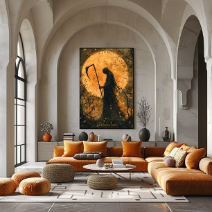 Poster Halloween faucheuse avec Pleine lune et Scythe