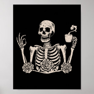 Poster Halloween Femmes Hommes Drôle Squelette Boire Café