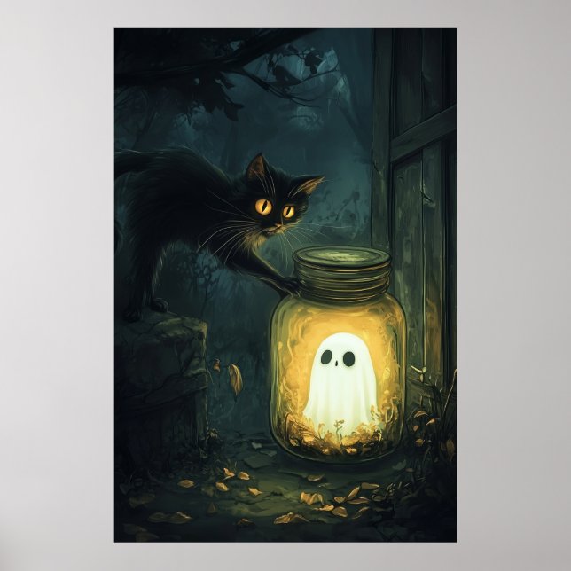 Poster Halloween Fun Ghost pris dans un bocal (Devant)