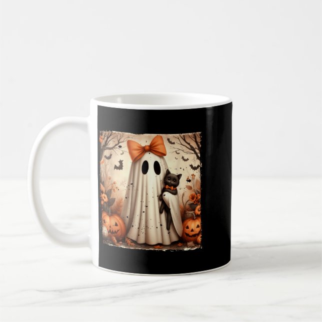 Poster Halloween Ghost Holding Black Kitten Cat Coffee Mug (Left)