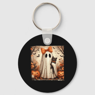 Poster Halloween Ghost Holding Black Kitten Cat Keychain