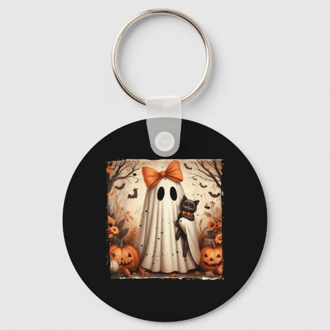 Poster Halloween Ghost Holding Black Kitten Cat Keychain (Front)