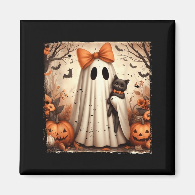Poster Halloween Ghost Holding Black Kitten Cat Magnet (Front)