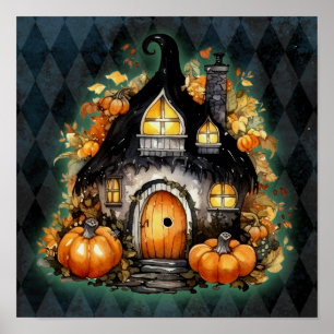 Poster Halloween Gothique Automne Fée Cottage Bleu Jacqua