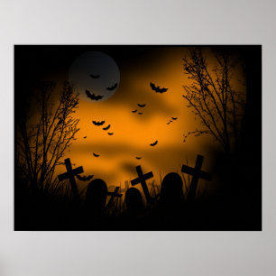 Poster Halloween Graveyard avec chauves-souris et pierres